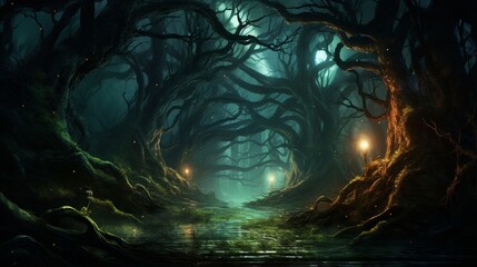 a spooky forest with twisted trees and glowing, hovering fireflies, - obrazy, fototapety, plakaty