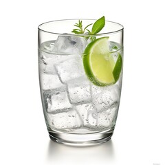 Gin tonic glass of water with ice isolated on white background.