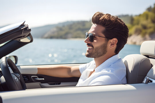 Attractive man wearing sunglasses driving open roof convertible sports car on summer travel vacation