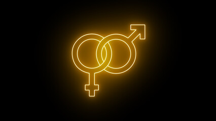 Yellow color Neon Gender symbol icon. glowing gender icon. Male, female sign of gender equality icon on black background.