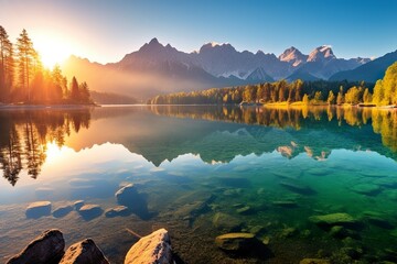 Impressive summer sunrise on Eibsee Lake with Zugspitze mountain range.