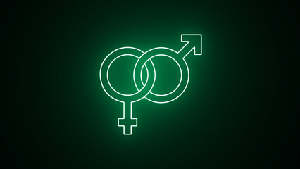 Neon Gender symbol icon. glowing gender icon. Male, female sign of gender equality icon on black background. - obrazy, fototapety, plakaty