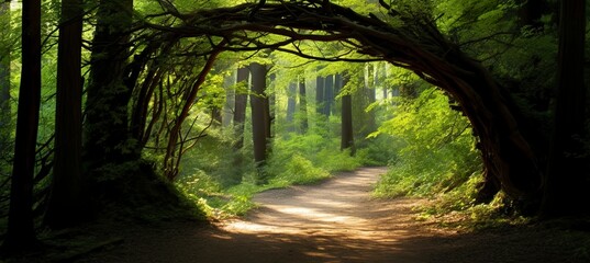 Naklejka premium Natural archway shaped by branches in the forest