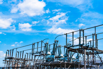 power transformer on voltage substation. electricity power line transformer. voltage substation or...