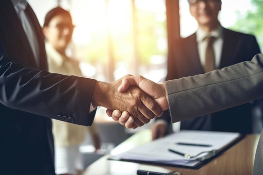 Two lawyers reach an agreement on their clients' divorce, and shake hands.