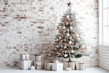On a brick wall background, a Christmas tree with many gifts at its feet, background with copy...