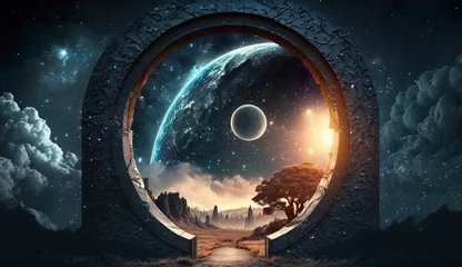 Tuinposter Portal to another world. Futuristic cosmic landscape with circle tunnel in starry sky. © MdDin