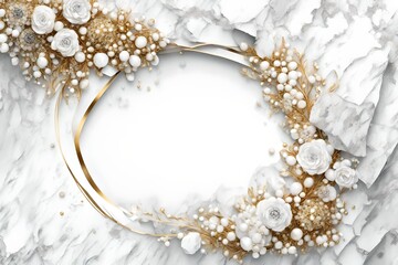 Wedding background with a white marble and granite texture and a gold-white enchanting floral jewelry