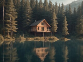 Fototapeta na wymiar cabin in the woods creative AI design.
