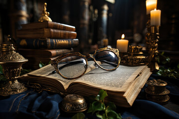 A philosopher's spectacles resting on a pile of ancient scrolls, alluding to the study of classical philosophical texts. Generative Ai. - obrazy, fototapety, plakaty