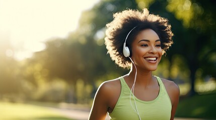 Smiling black woman in sports clothes running in a green park enjoying listening to music with wireless headphones close-up - obrazy, fototapety, plakaty