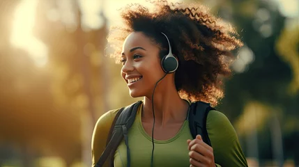 Poster Smiling black woman in sports clothes running in a green park enjoying listening to music with wireless headphones close-up © somchai20162516