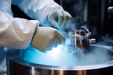 IVF treatment. Artificial insemination. Close-up hand working with liquid nitrogen from cryogenic tank at sciences laboratory. High tech medical lab equipment used in vitro fertilization process - obrazy, fototapety, plakaty