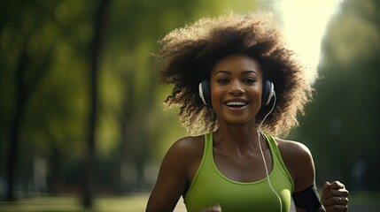 Smiling black woman in sports clothes running in a green park enjoying listening to music with wireless headphones close-up - obrazy, fototapety, plakaty