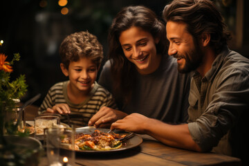 A family sharing a meal, showcasing the importance of ethical values in nurturing close relationships and communities. Generative Ai. - obrazy, fototapety, plakaty