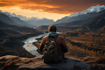 A person deep in thought while sitting on a mountaintop, experiencing a sense of awe and wonder at...