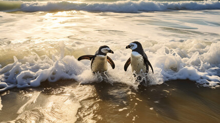 Couple of penguins on the shore in the waves