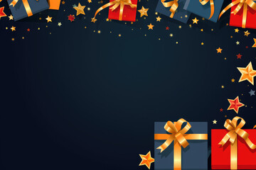 Christmas illustration. Several gift boxes, confetti in the shape of stars and christmas balls with space for text.