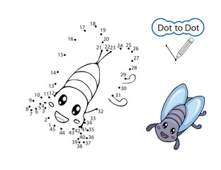 Kids art game of Dot to dot. Children activity education worksheet. Drawing class. Finish image of cute fly. Children drawn riddle by numbers. Vector illustration.