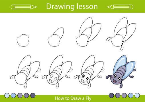Drawing tutorial kids art lesson. How to draw a insect. Kids activity page. Children education step by step worksheet. Vector illustration of fly.