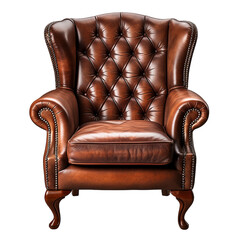 Luxury red brown leather armchair isolated on transparent background PNG