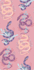 Seamless pattern with violet snakes and stems on a pink background. Vector animalistic texture with curled serpents and herbs