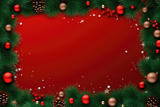 Pine leaf decorated with christmas ball and traditional decorations on red wooden board with copy space, happy new year and christmas festival background concept.