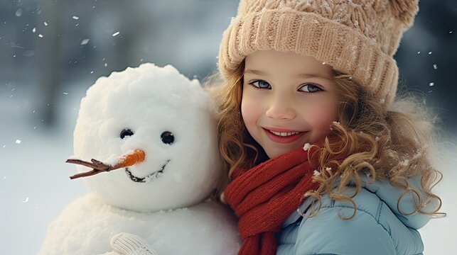 Smiling young woman with snowman on white Christmas in winter snow