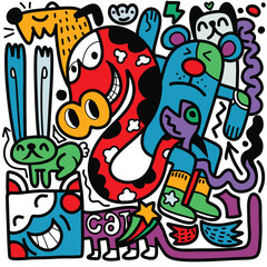 Obraz na płótnie Canvas Doodle, hand drawn illustration of colorful cartoon characters, in the style of psychedelic absurdism, bold outlines, chilling creatures, baroque madness, child drawing ,Illustration Vector 