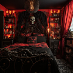 A gothic-themed bedroom with black furniture 
