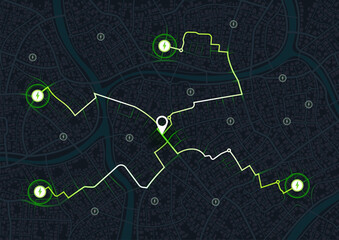Location EV charging station location mark on gps navigation map a lot with fast supercharger station. Path turns and destination tag or mark. Huge city top view. Tracking path and route. vector