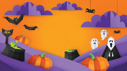 Paper craft style vector design of halloween background. photo realistic illustration.