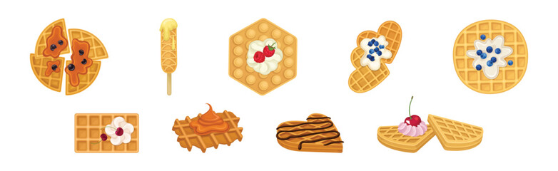 Sweet Waffle Dessert with Cream and Chocolate with Berry Vector Set