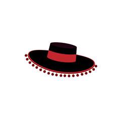 Vector illustration traditional Spanish hat icon isolated on white background. Spain country symbol. Black and red flamenco hat