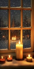 Simple candlelit window with snow falling outside