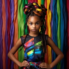 Black child 10 years old with pigtails, a serious, confident face, multi-colored hair and wearing a dress the same color as his hair