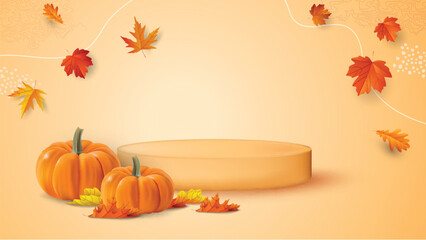 Podium vector illustration with photo realistic pumpkin and leaves.