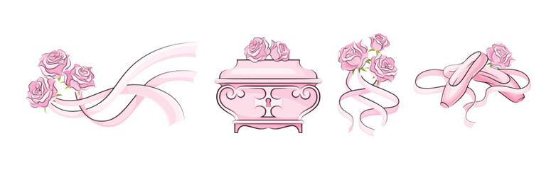Ballet Accessories with Pink Rose Bud Vector Set