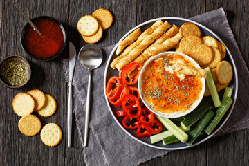 Hot Pepper Jelly Cheese Dip with crackers, veggies