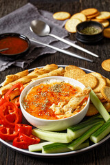 Hot Pepper Jelly Cheese Dip with crackers, veggies