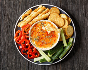 Hot Pepper Jelly Cheese Dip with crackers, veggies