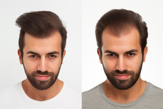 Generative AI collage two photos comparison before after anti hair loss procedure hair treatment