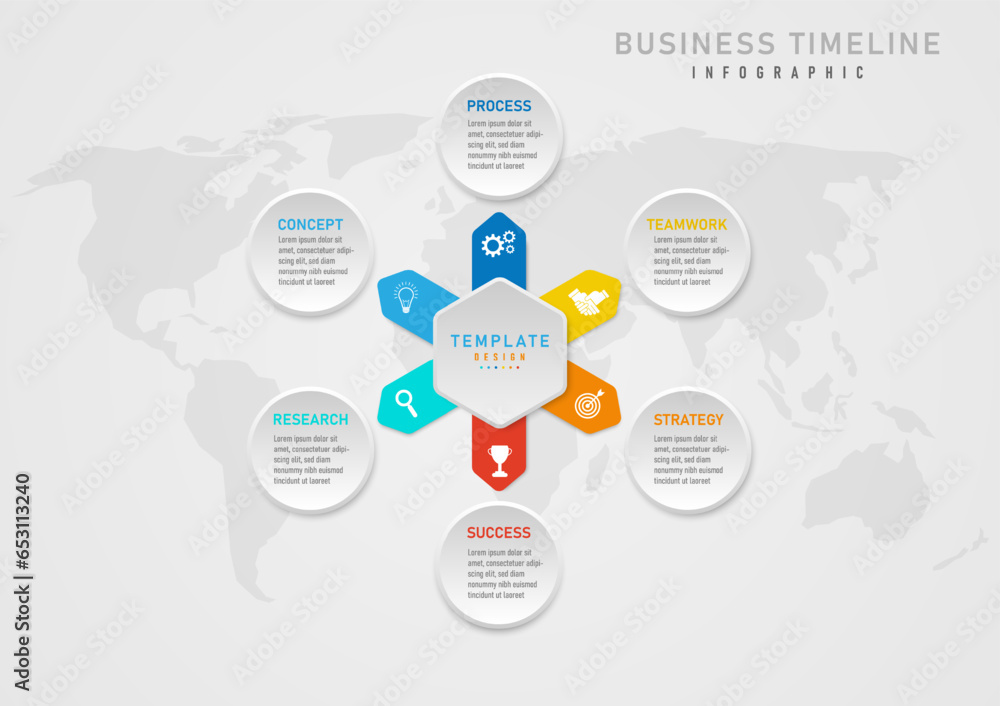 Poster infographic 6 steps business planning, hexagonal button in the middle with letters above. multi-colo