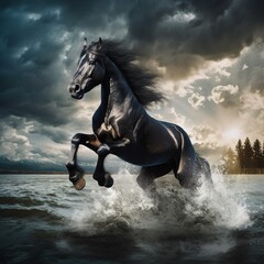 Obraz na płótnie Canvas A black horse jumping on a lake with a background of cloudy sky ultrarealism raining effect. Generative AI.