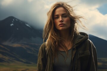 Fototapeta premium Woman in sharp focus against a sweeping mountainous backdrop.
