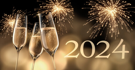 2023 - New year composition with champagne glasses and fireworks - 3D illustration	
