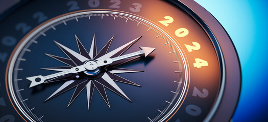 Dark compass with needle pointing to the orange illuminated year number 2024	
 - obrazy, fototapety, plakaty