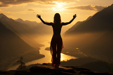 Fototapeta premium Young person meditating at dawn on a mountain with panoramic beautiful views generative AI technology