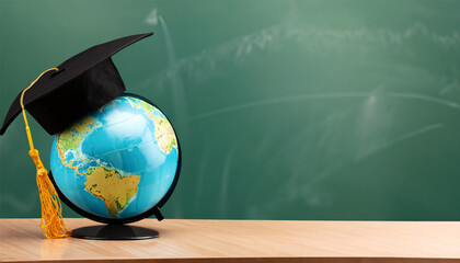 globe, pencil, pen and book on a green blackboard background and empty space on left side