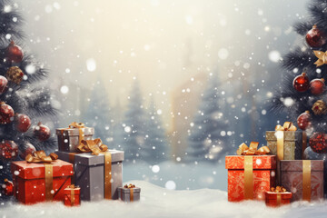 Christmas and New Year Holiday Background with Gifts and Greeting Card